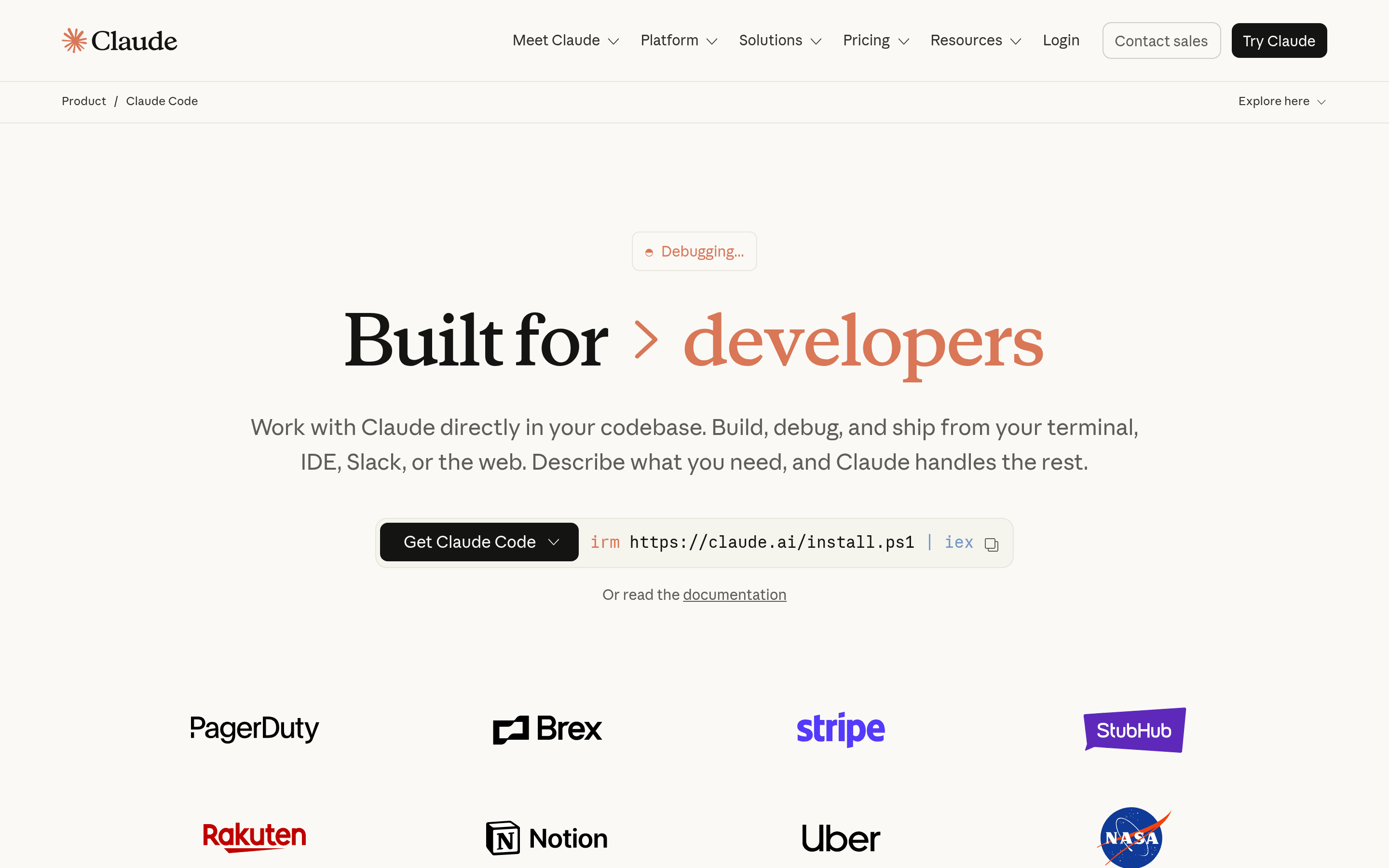 Startseite der offiziellen Claude Code Website