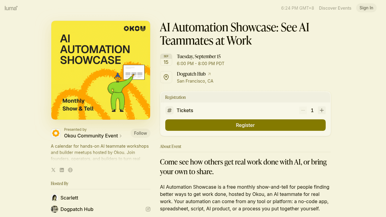The Luma event page for AI Automation Showcase at Dogpatch Hub