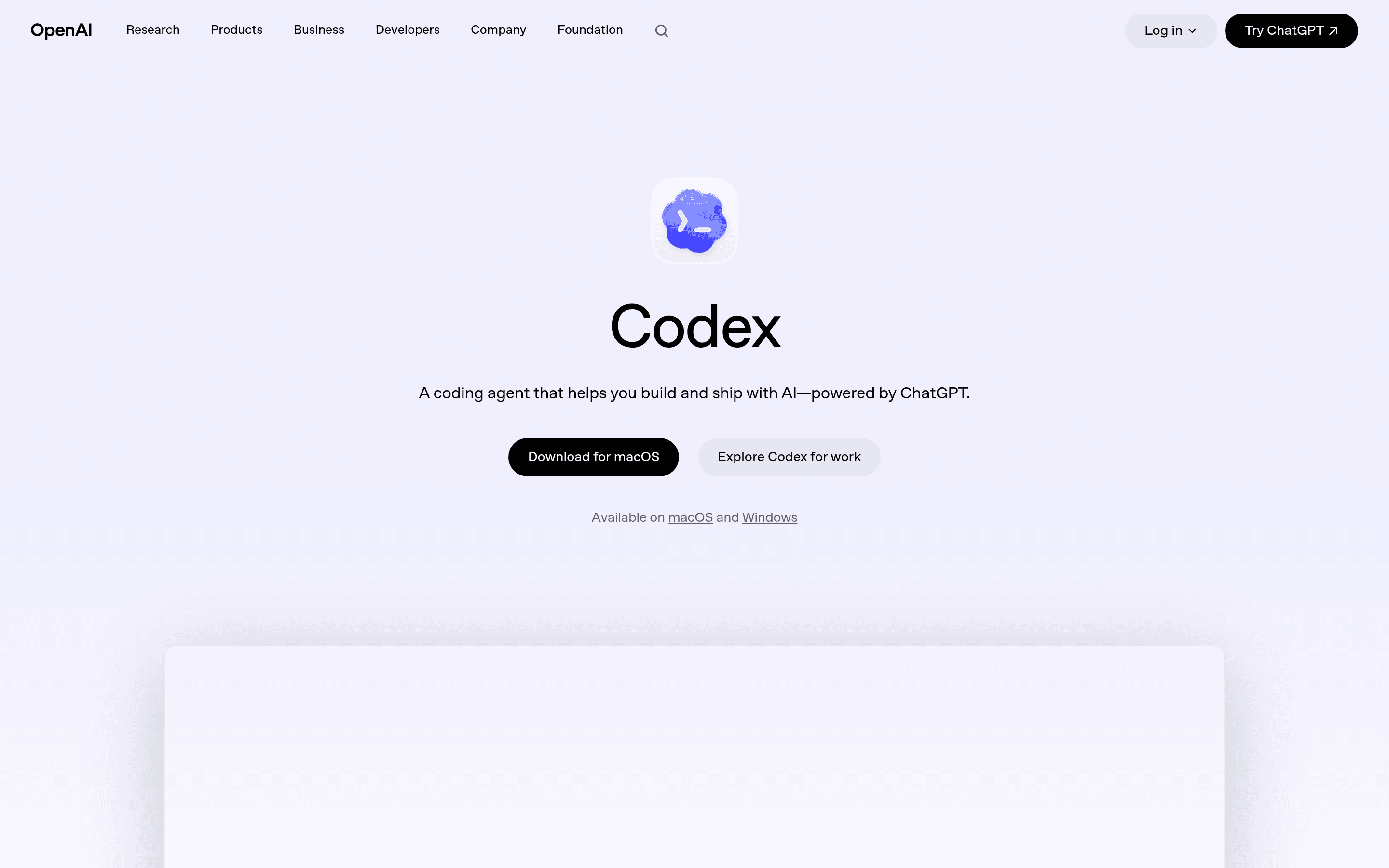 Landingpage von OpenAI Codex