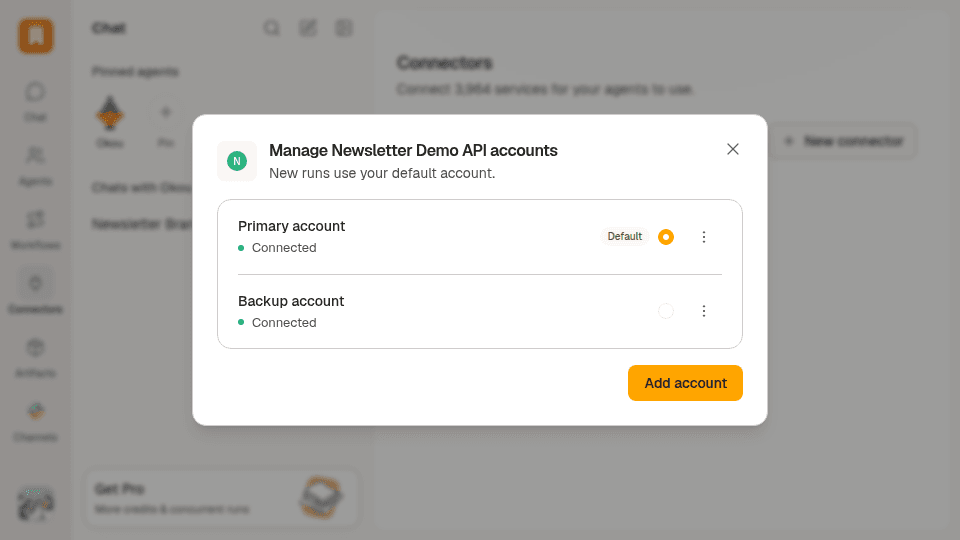 The connector account manager showing named primary and backup accounts with a selectable default
