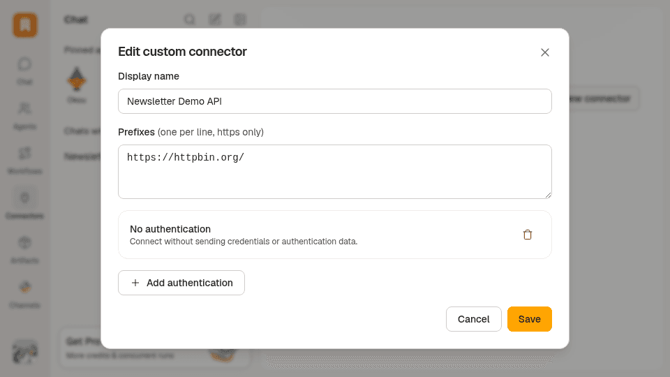 The new custom connector dialog with No authentication selected