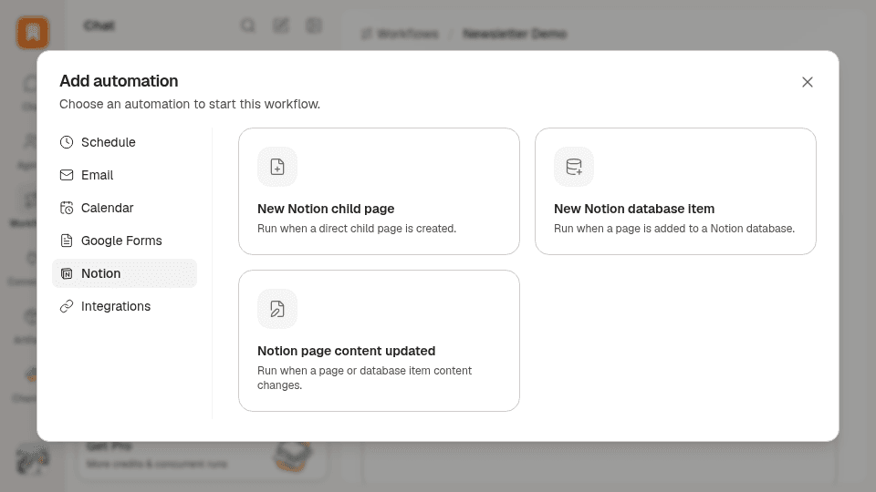 The Add automation dialog showing Notion trigger choices and Google Forms in the category list