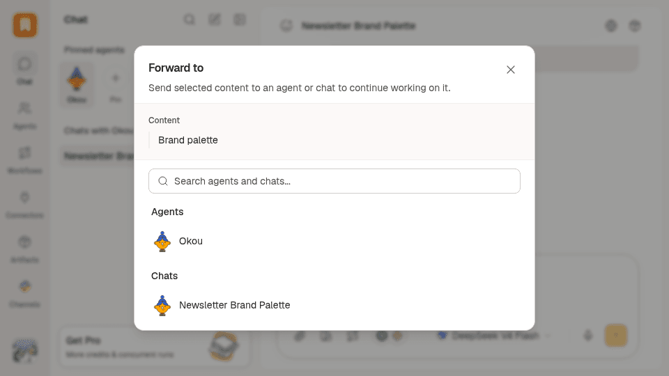 The Forward dialog sending selected content to an agent or an existing chat