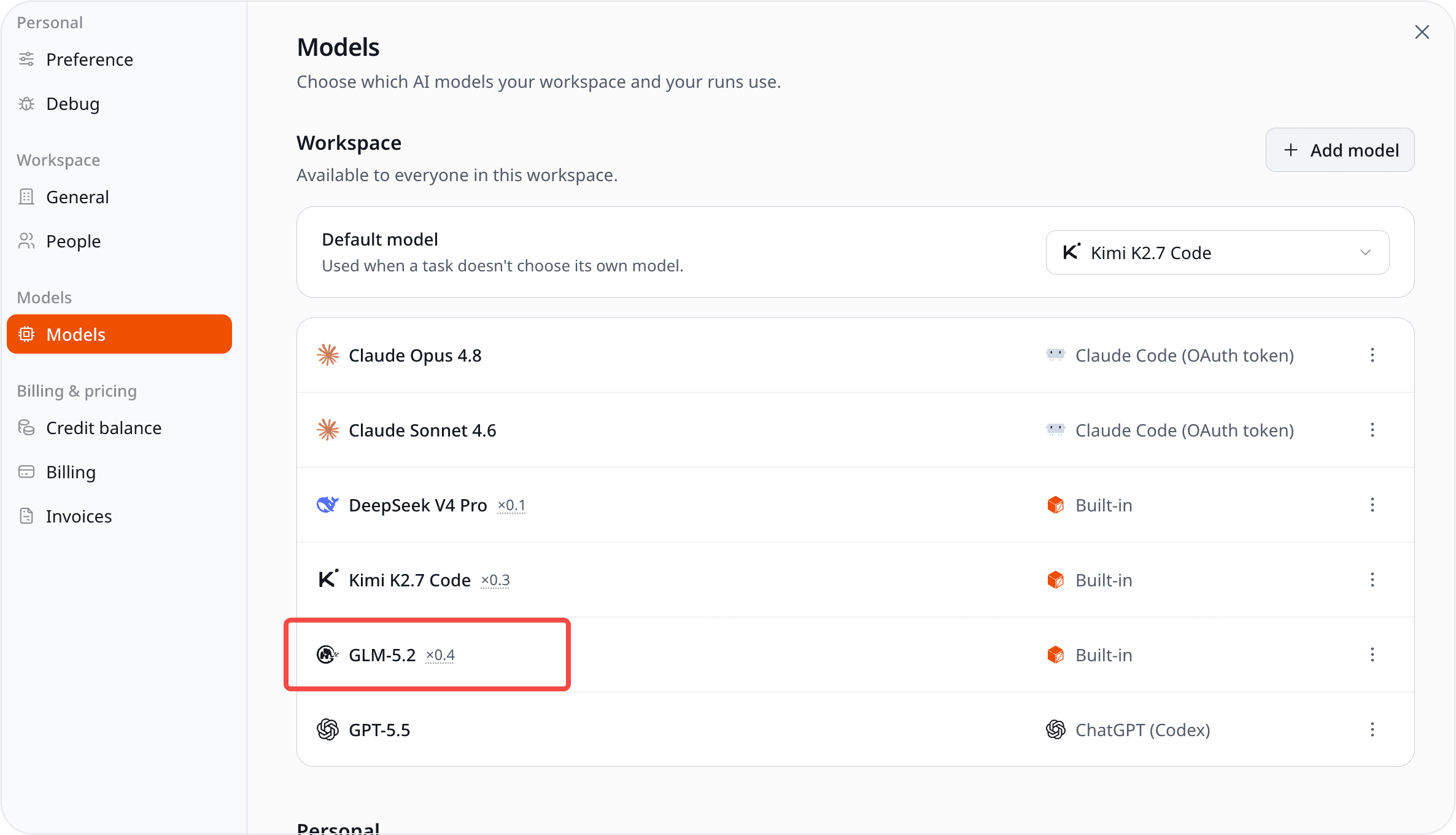 GLM 5.2 di daftar model Zero
