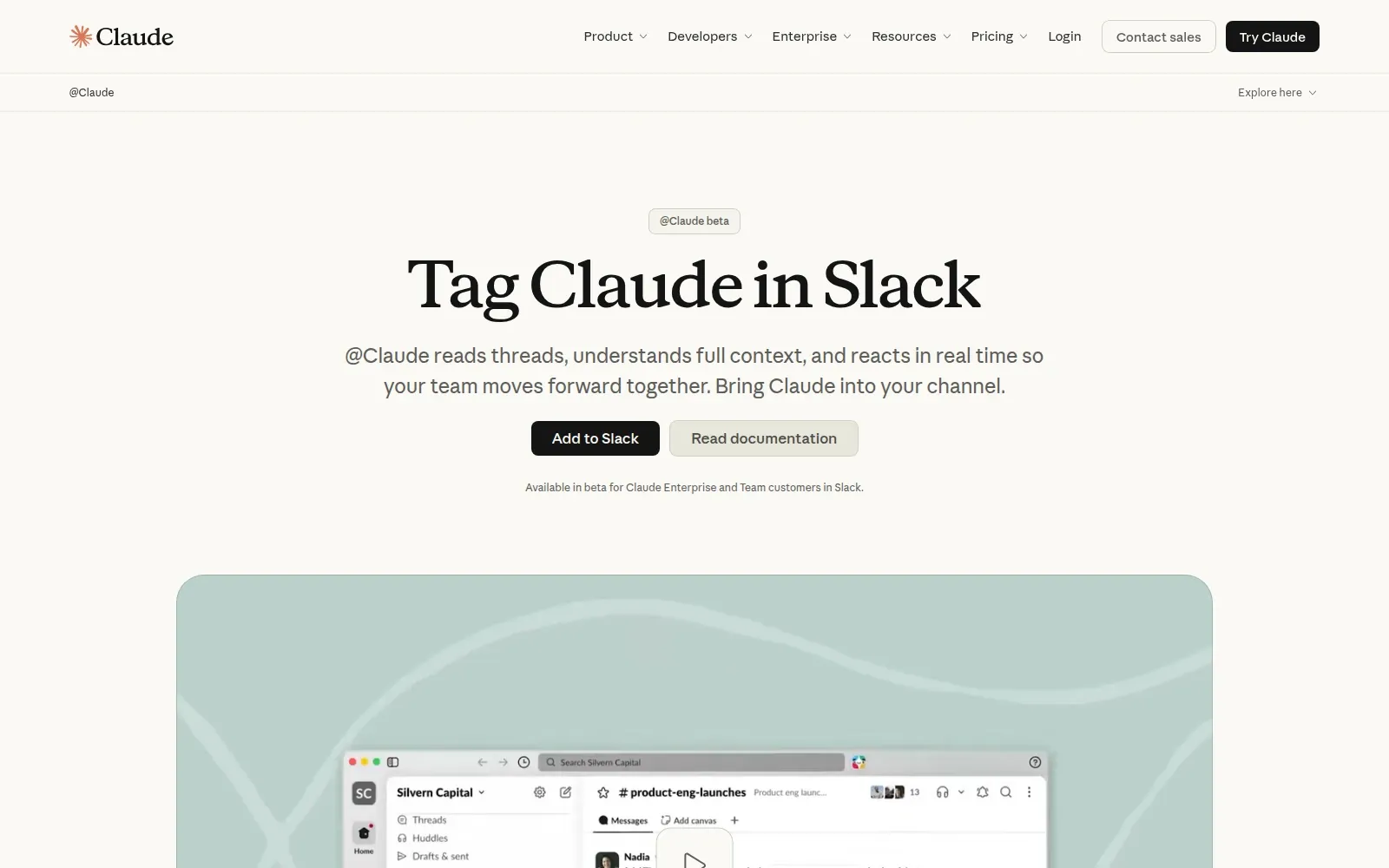 Anthropic's current Claude Tag product page describes delegating work to Claude in Slack.