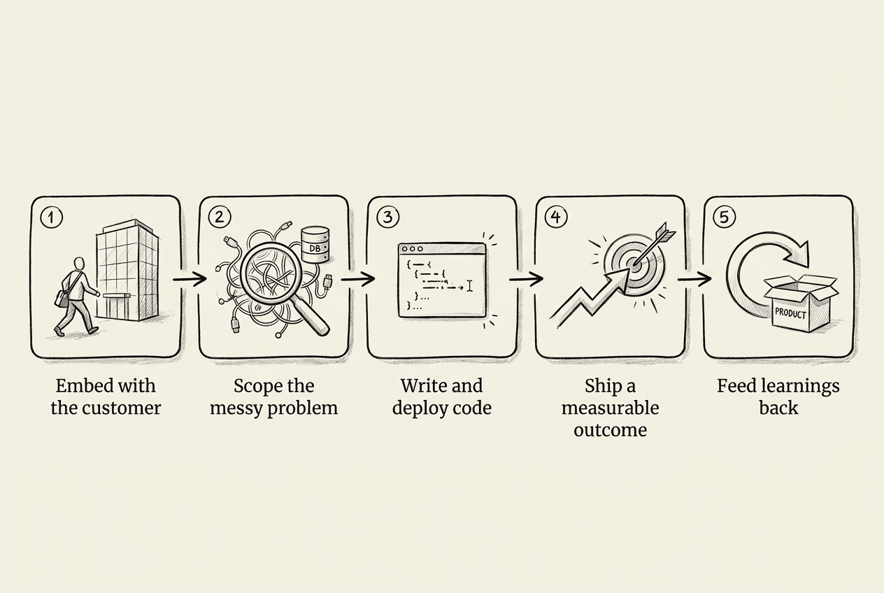 Diagram: the five steps of a Forward Deployed Engineer's work, from embedding with the customer to feeding learnings back into the product