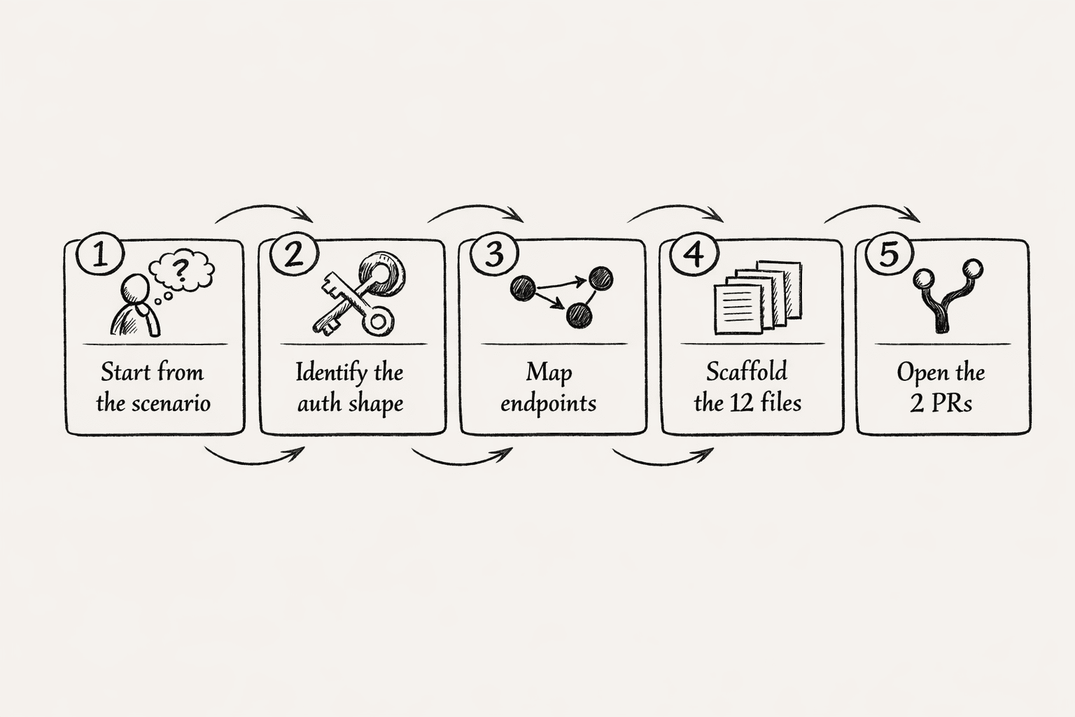 A five-step workflow diagram. Step 1: Start from the scenario (person with a question). Step 2: Identify the auth shape (key and token). Step 3: Map endpoints (connected API nodes). Step 4: Scaffold the 12 files (a stack of file sheets). Step 5: Open the 2 PRs (two git branches merging).
