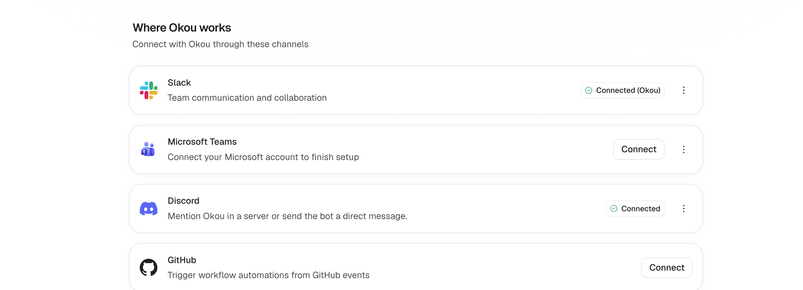 The Channels page shows Discord as Connected, with its menu visible on the right.