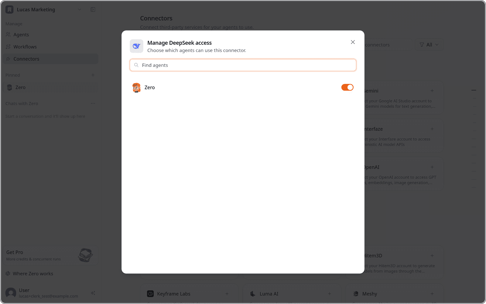 The "Manage access" dialog for choosing which agents can use a connector