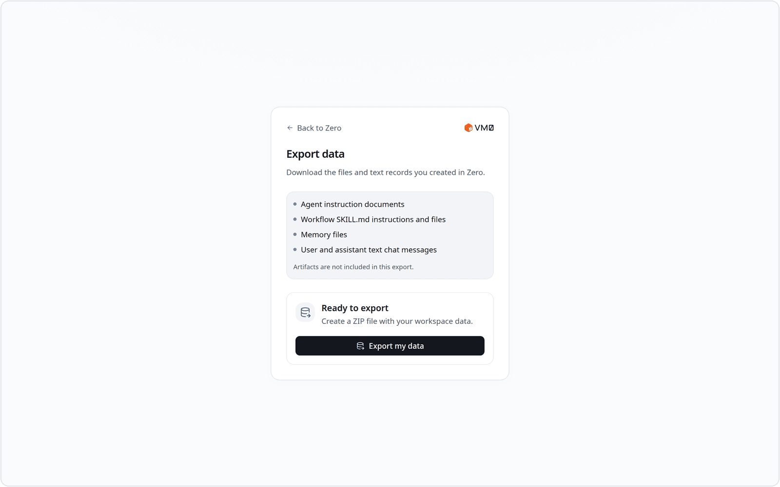 The Export data screen in Zero, listing what's included in the export