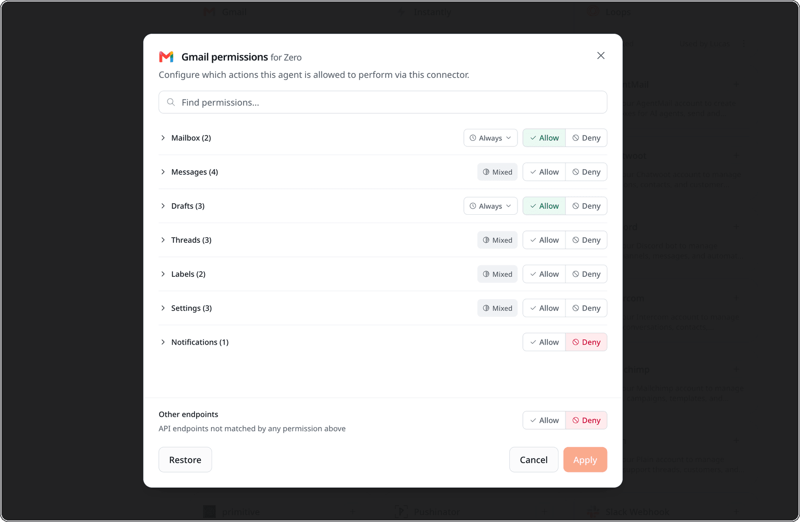 The Gmail permissions dialog for Zero: Allow or Deny each category of action (Mailbox, Messages, Drafts, Threads, Labels, Settings…), each with a duration