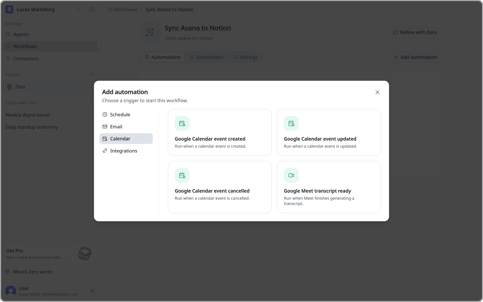 Opening "Add automation" on a workflow's detail page, on the Calendar category with the new Google Calendar and Google Meet transcript triggers