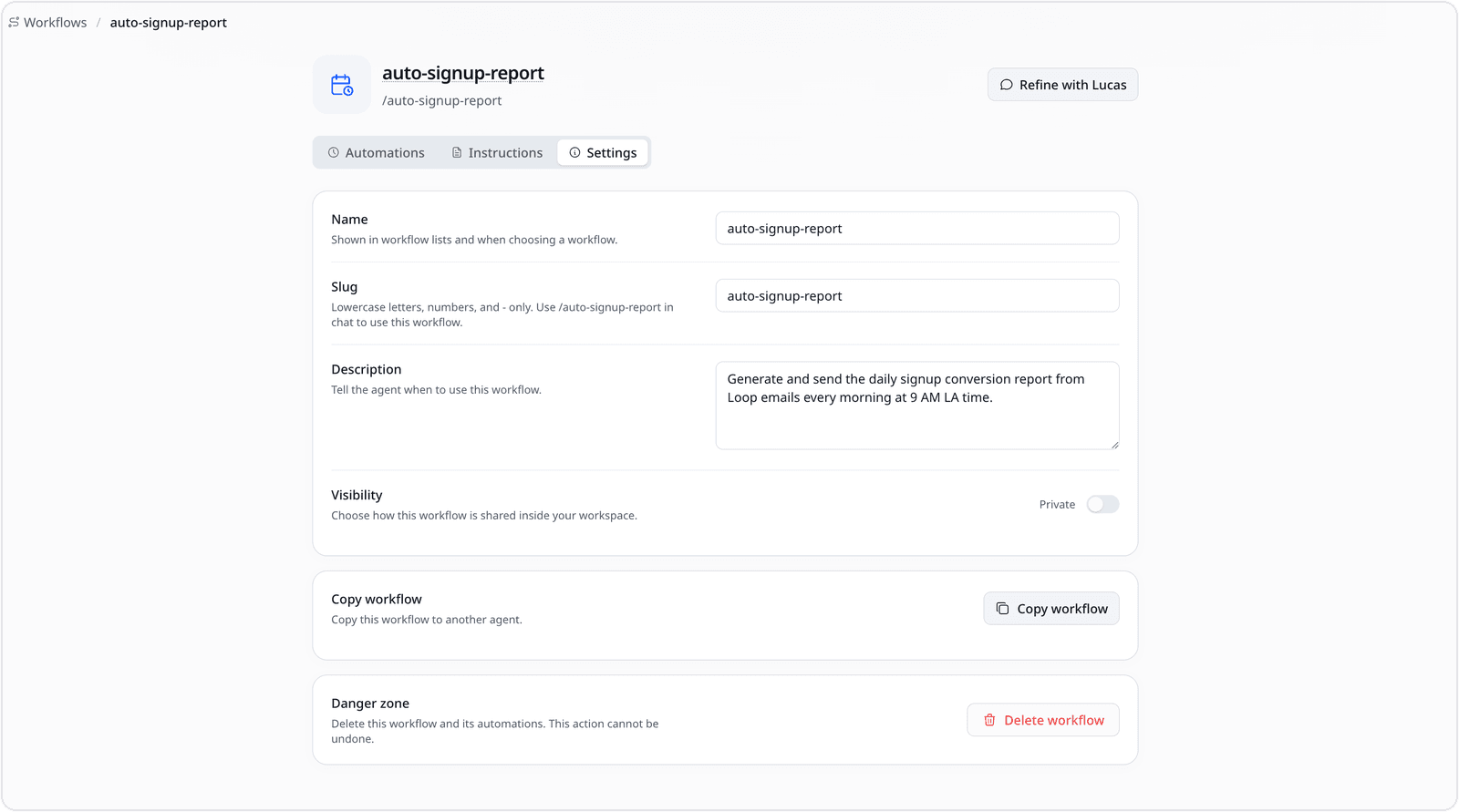 A workflow's Settings tab: name, slug, a description of when to use it, visibility for sharing, plus copy and delete
