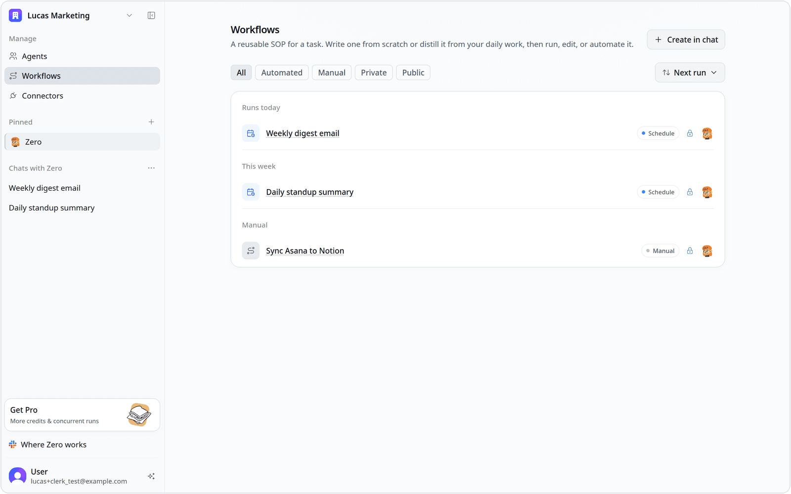 The Workflows page listing a workspace's reusable workflows, grouped by next run
