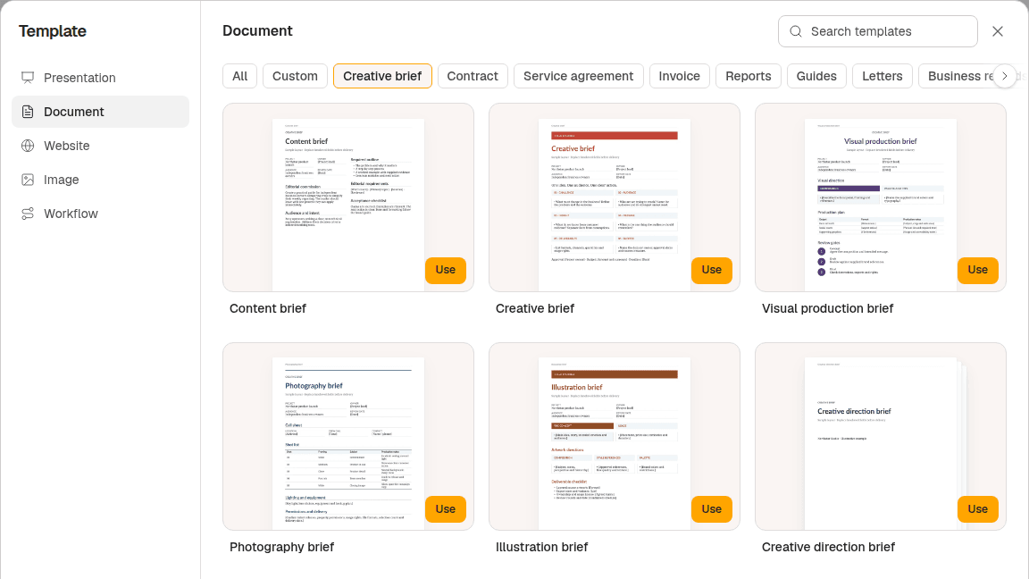 The Document template gallery shows creative brief layouts with preview thumbnails and Use buttons.