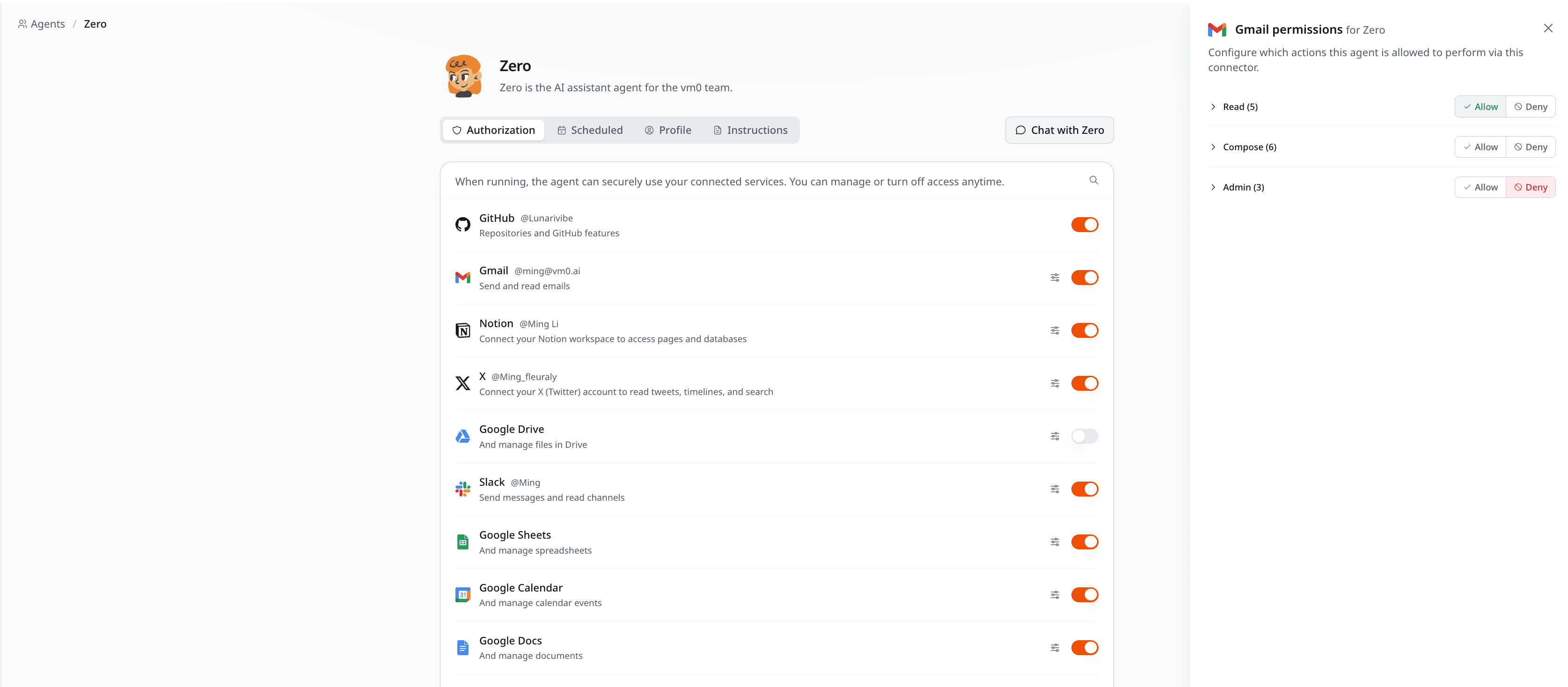 Gmail-Berechtigungs-Drawer im Authorization-Tab des Agenten, mit Per-Aktion-Toggles unter Read, Compose und Admin
