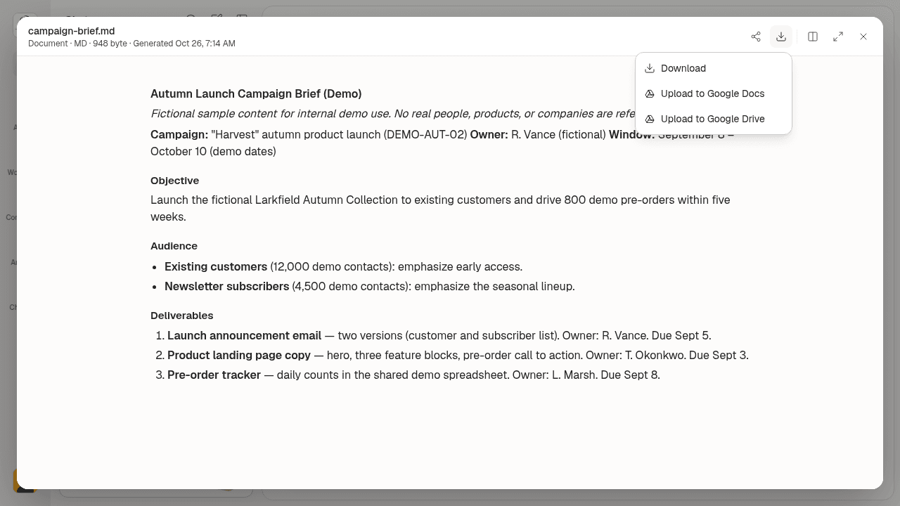 A sample campaign brief in Okou with Download options open and Upload to Google Docs available.