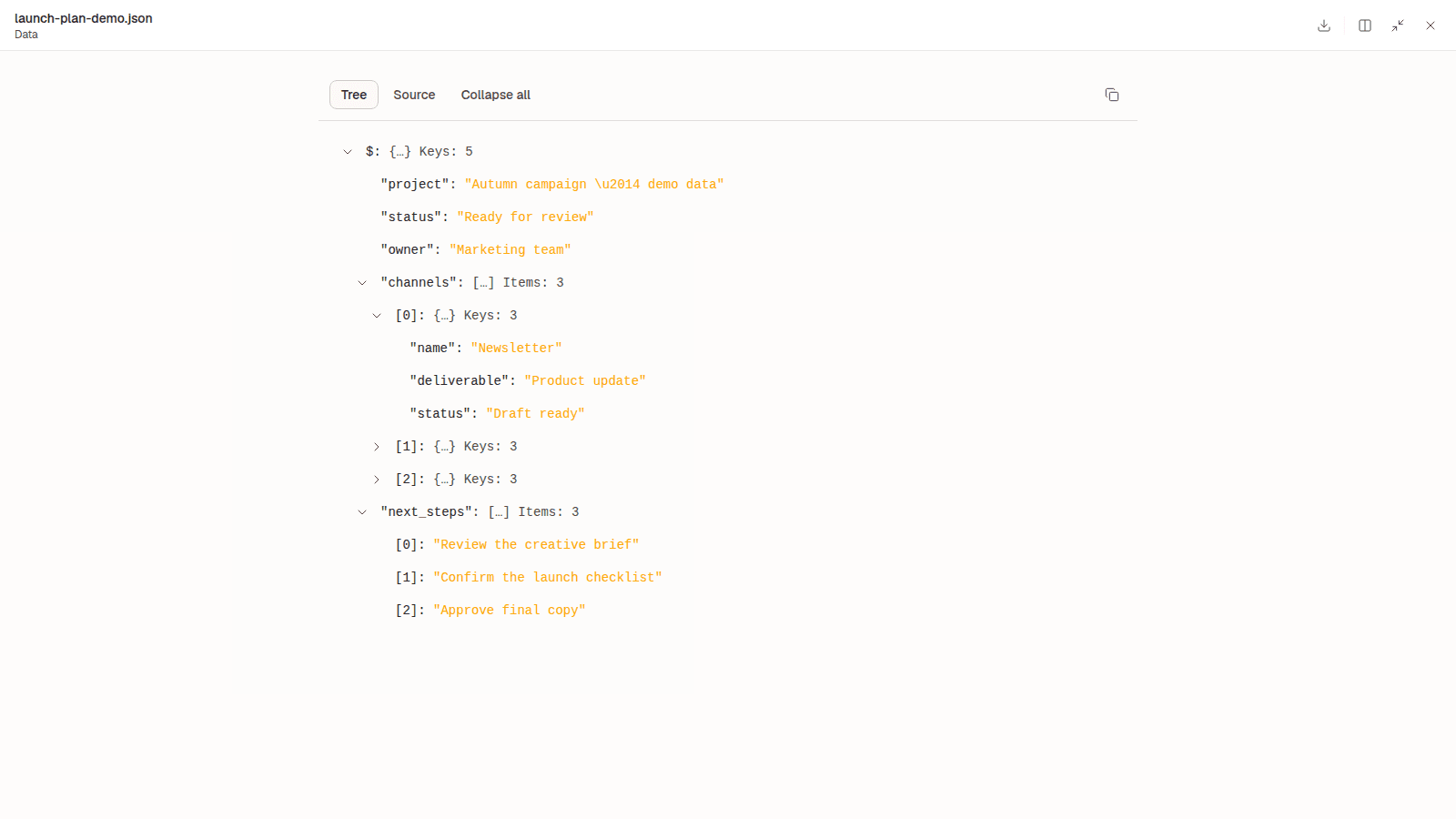A demo campaign JSON file is open in Tree view, with nested channels and next steps expanded.