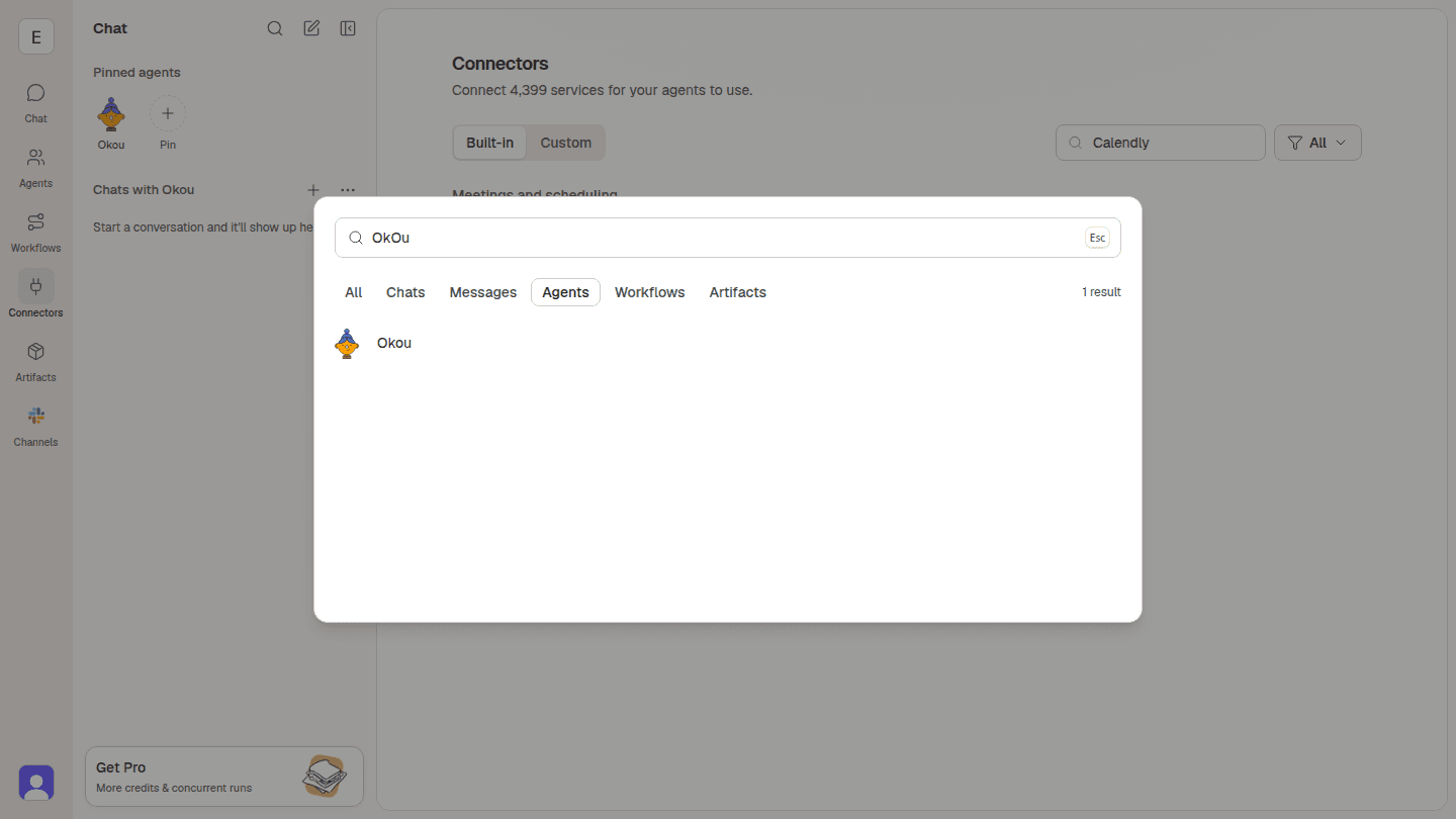 Workspace search in a fresh Okou test workspace matches OkOu to the Okou agent with the Agents filter selected.