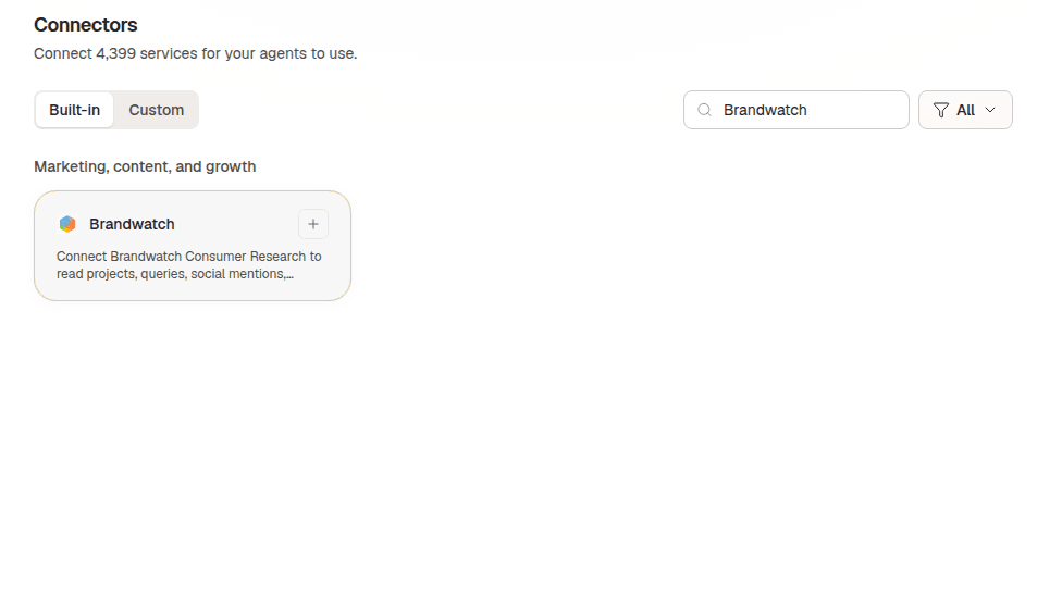 Okou’s built-in catalog shows 4,399 services and the new Brandwatch Consumer Research connector.