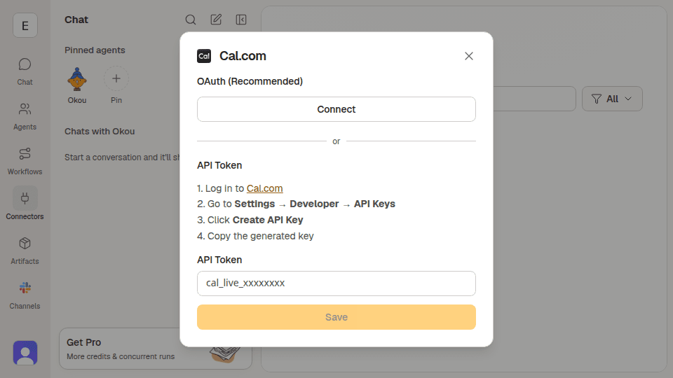 Cal.com's connection dialog in Okou showing OAuth and API Token options.