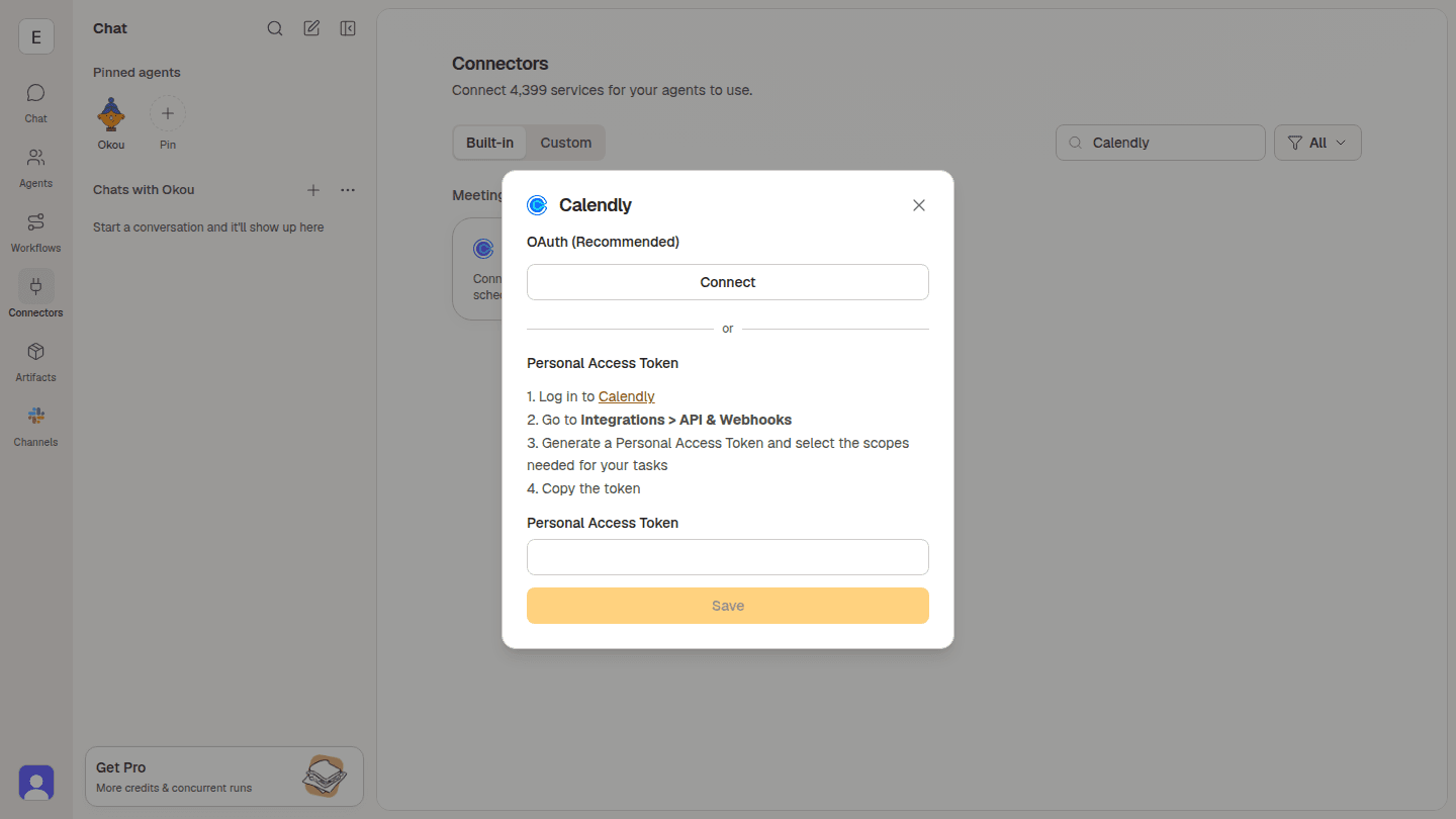 Calendly’s connection dialog in Okou shows OAuth as the recommended method and a personal access token option.