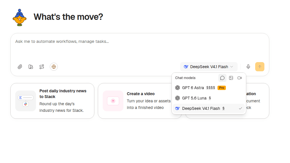 The Okou chat model picker with DeepSeek V4.1 Flash selected in a fresh test workspace.