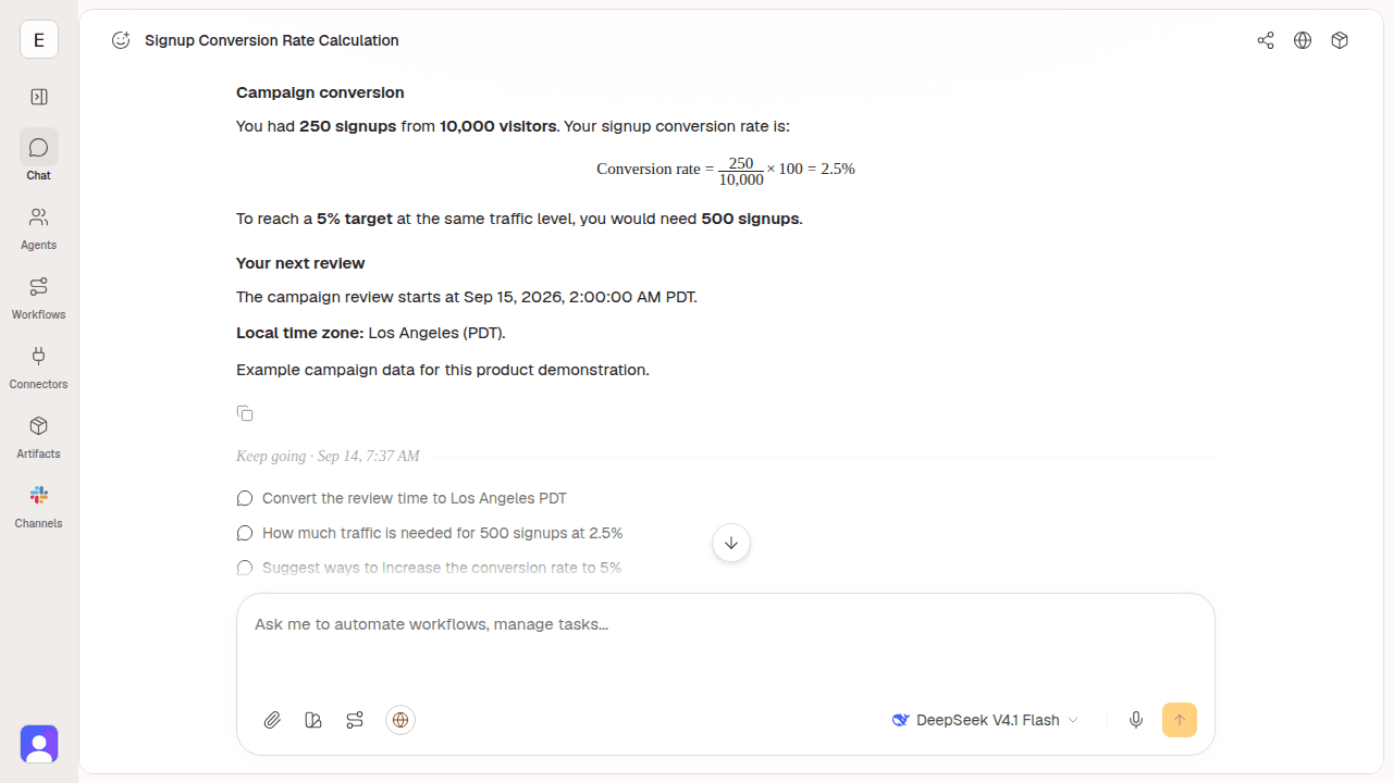 An Okou reply renders a conversion-rate fraction and converts a sample 09:00 UTC meeting to 2:00 AM PDT. Campaign figures and schedule are examples.