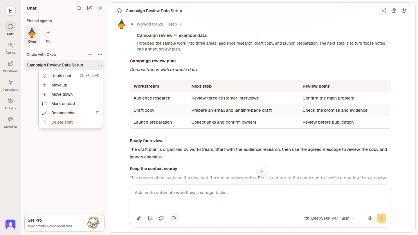 The pinned example Campaign Review Data Setup chat shows Unpin chat and the Ctrl+Shift+D keyboard shortcut in its menu.