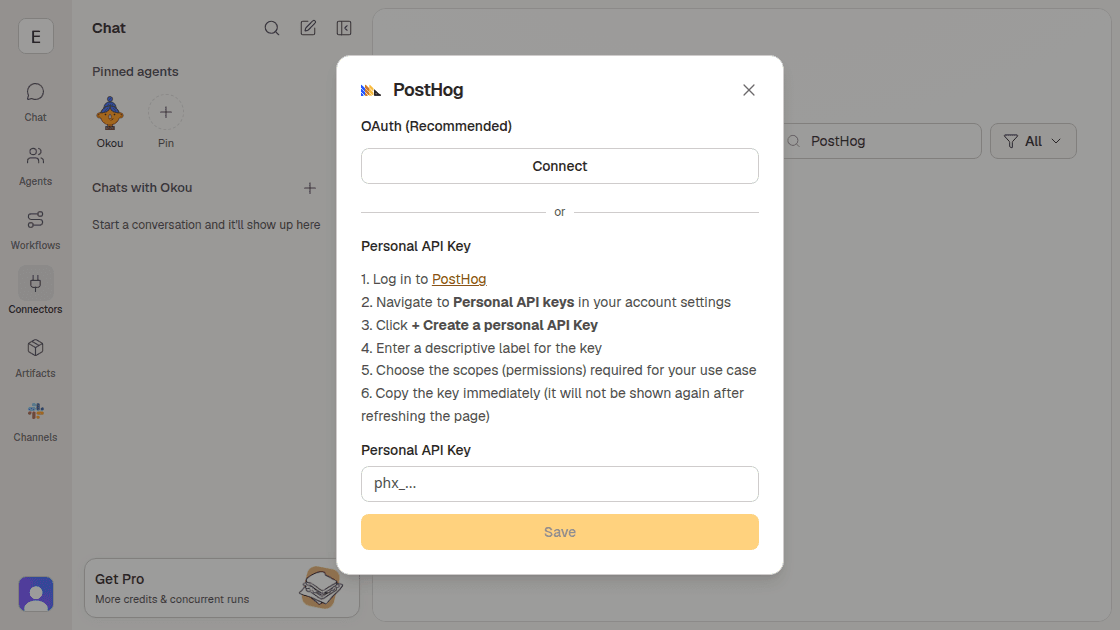 PostHog's connection dialog in Okou showing OAuth as the recommended option and a separate personal API key option.