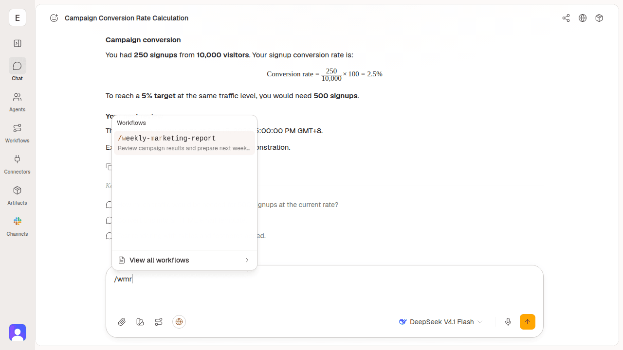 Typing /wmr in Okou suggests the example weekly-marketing-report workflow.