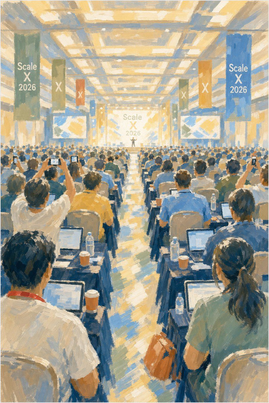 An illustration of a packed conference hall for Scale X 2026