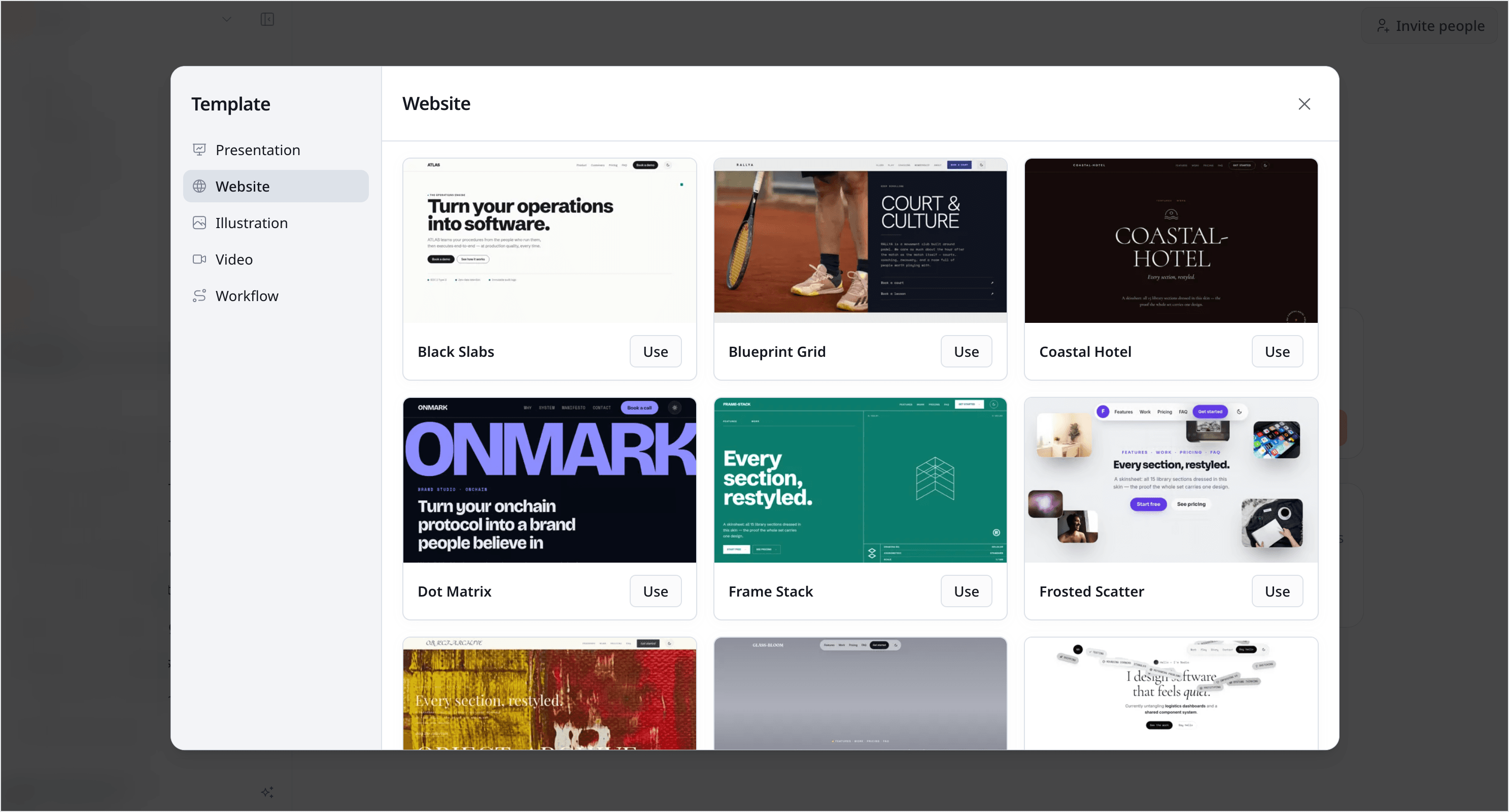 The Website category of Zero's template picker, showing built-in website templates like Black Slabs, Blueprint Grid, Coastal Hotel, Dot Matrix, Frame Stack, and Frosted Scatter