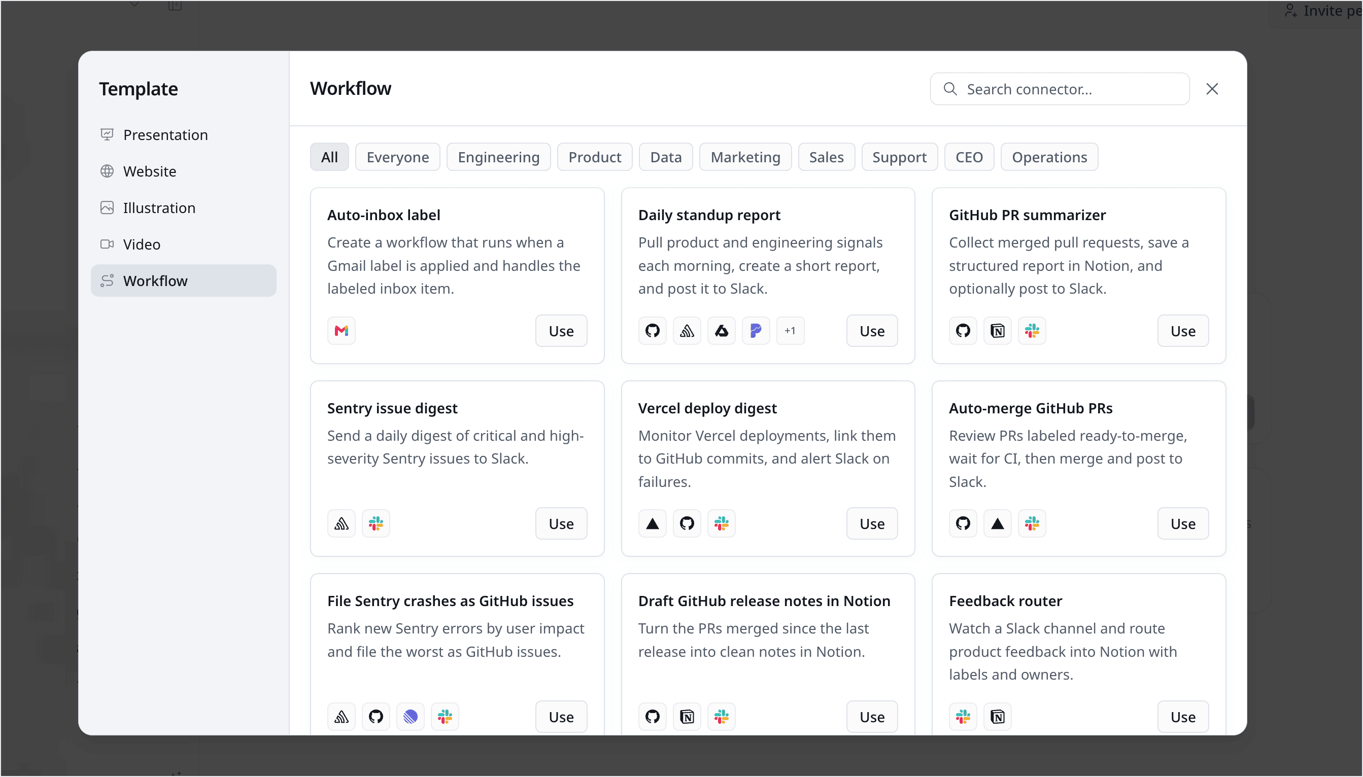 Zero's workflow template gallery, filtered by role, with ready-made workflows such as Daily standup report, GitHub PR summarizer, Sentry issue digest, and Draft GitHub release notes in Notion