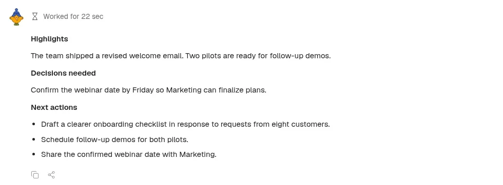 Okou turns fictional customer and team notes into a weekly operating brief in its current web app.