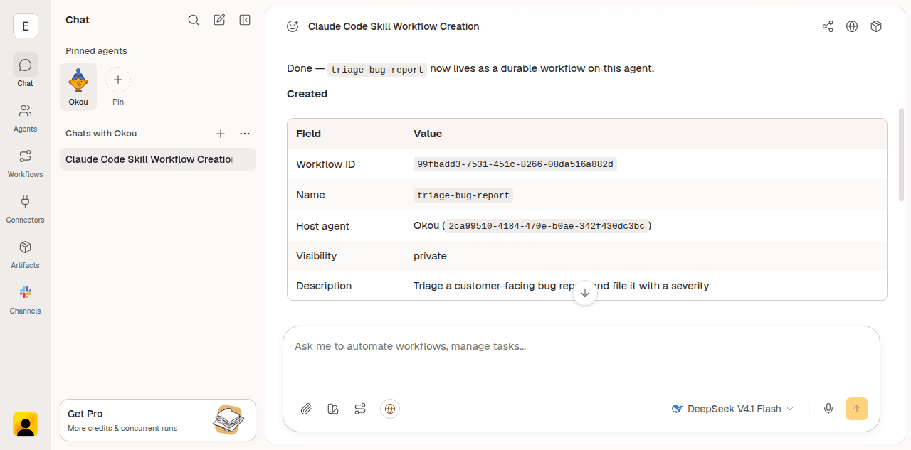 Okou confirming a workflow it created from the conversation