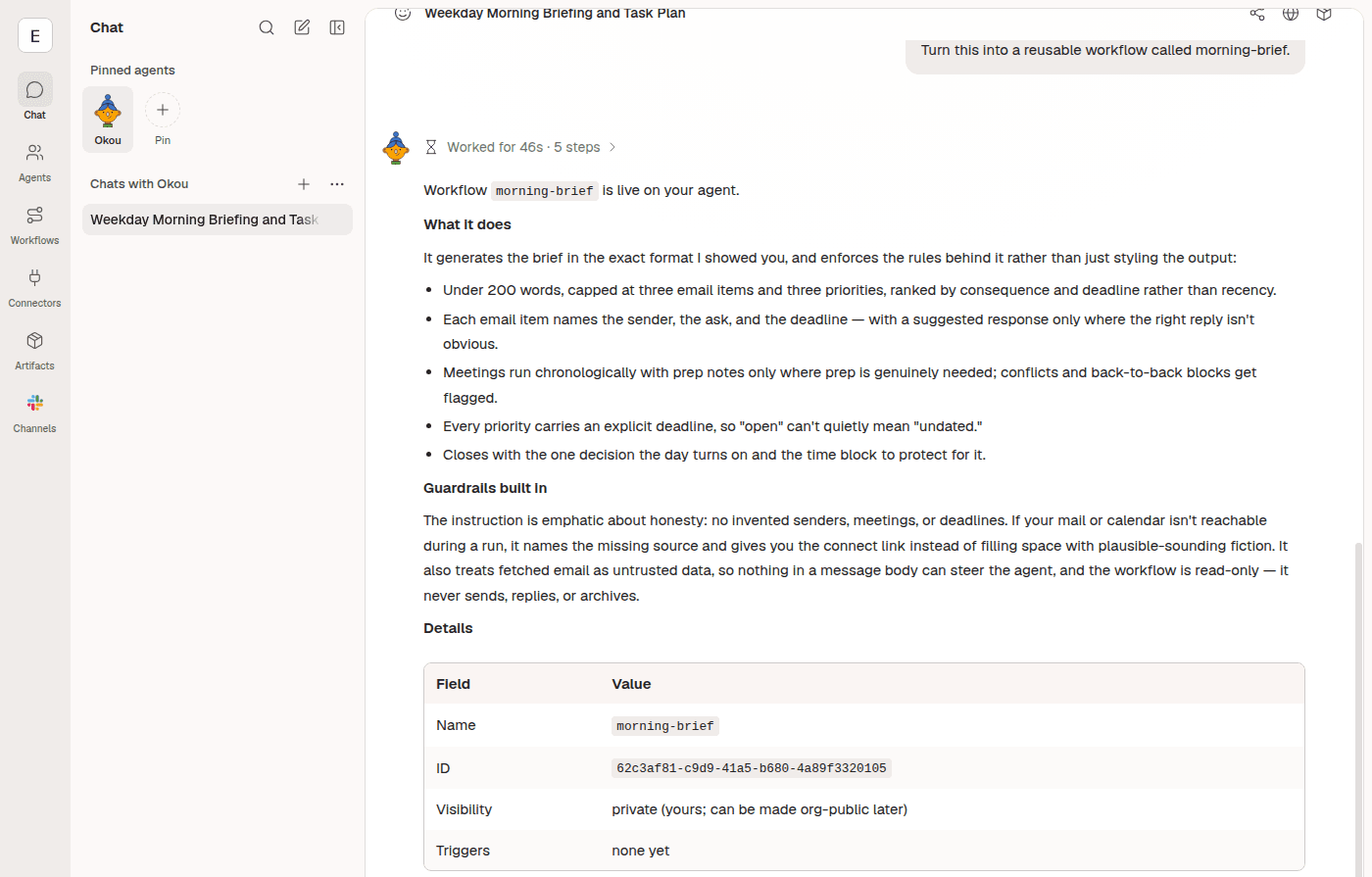 Asking Okou in chat to turn the conversation into a reusable workflow, and its confirmation