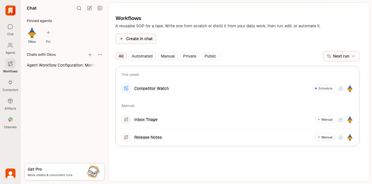 Okou's Workflows page, with scheduled and manual team procedures