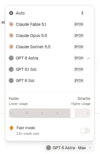 Okou's current model picker shows available Claude and GPT models, effort settings, and a fast-mode control.