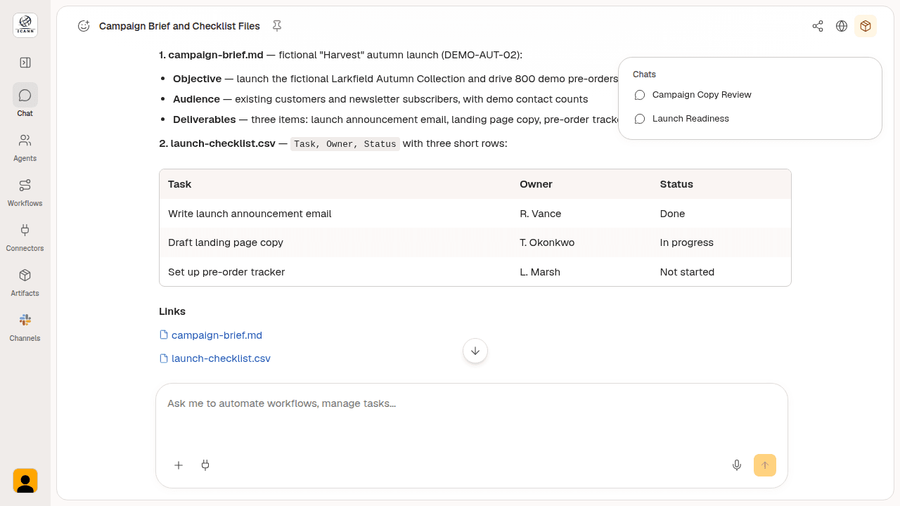 The Resources panel lists Campaign Copy Review and Launch Readiness as related chats beside a sample campaign conversation.