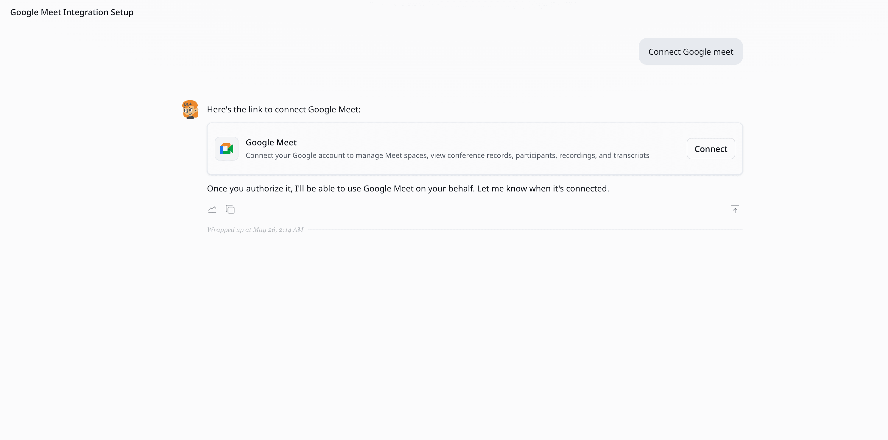 Zero antwortet im Chat mit einer Connect-Karte für Google Meet samt Ein-Klick-Schaltfläche