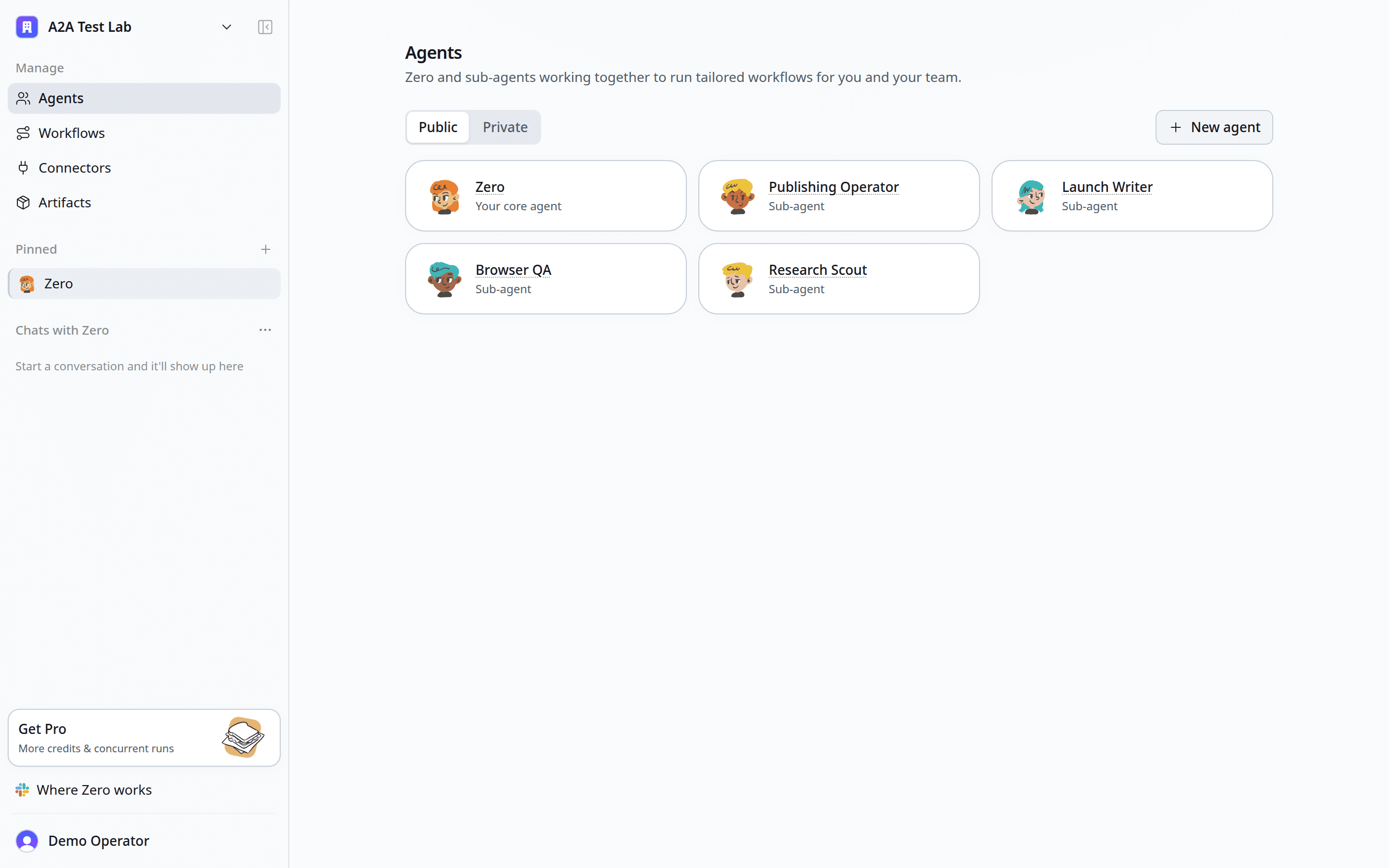 Real Zero staging screenshot showing a core agent and four configured specialist agents