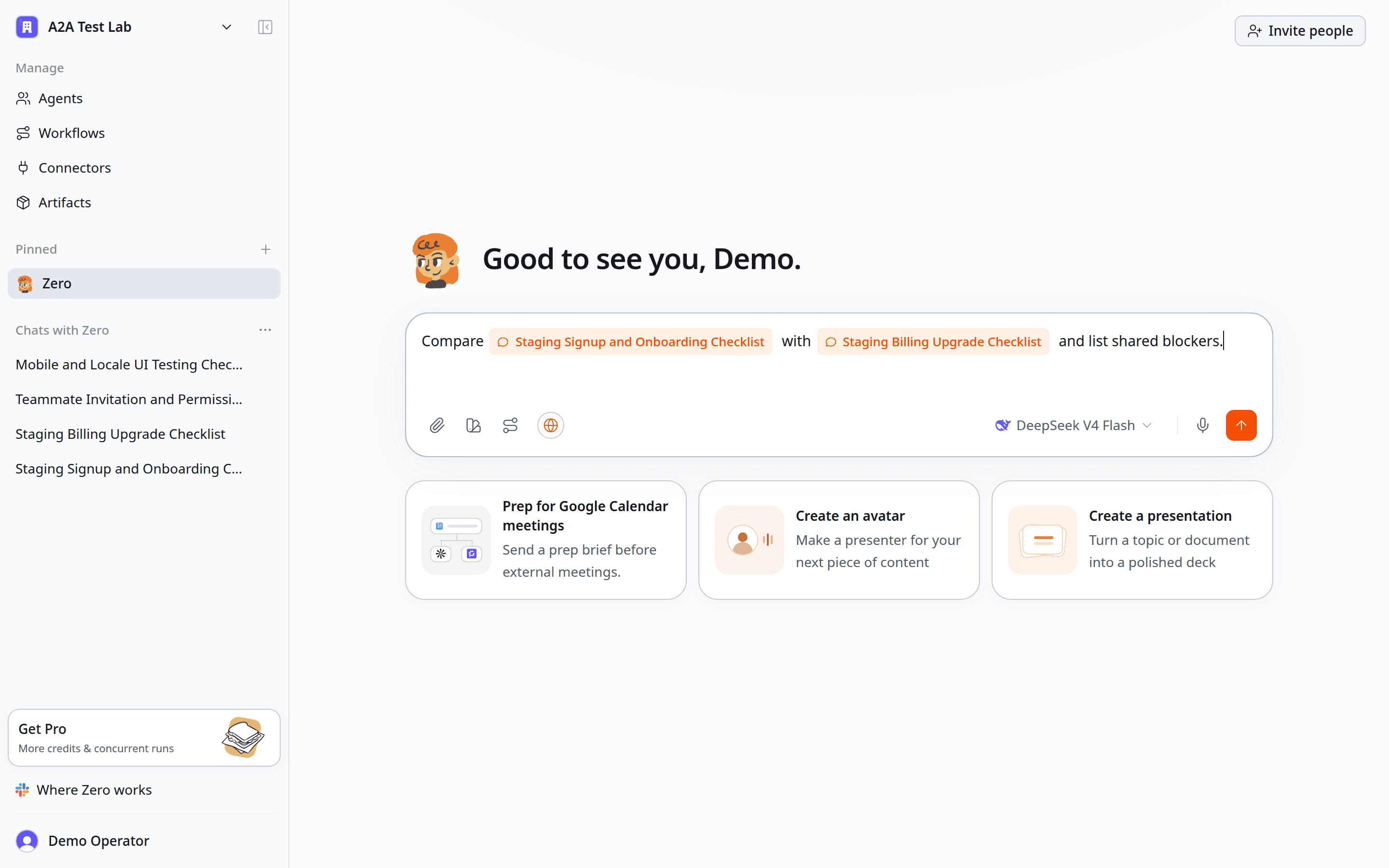 Real Zero staging screenshot showing two chats mentioned in one comparison prompt